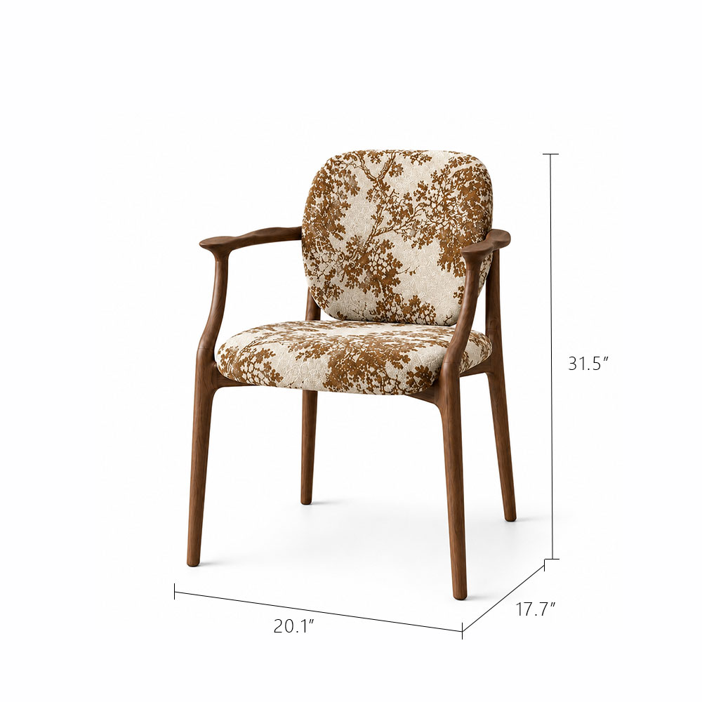 Tree Print Fabric Curved Solid Walnut Arm Mid Century Dining Chair 1 Piece