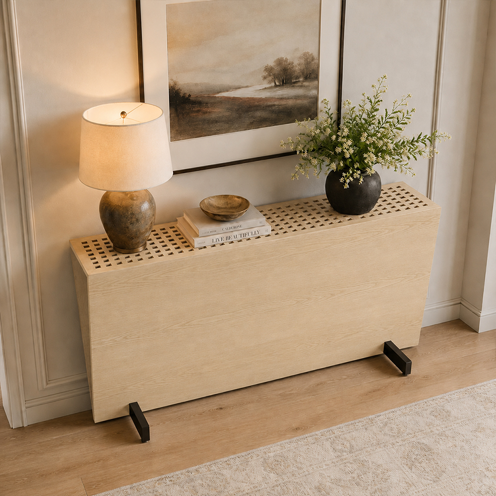 Ash Wood Veneer Trapezoid Shape Console Table