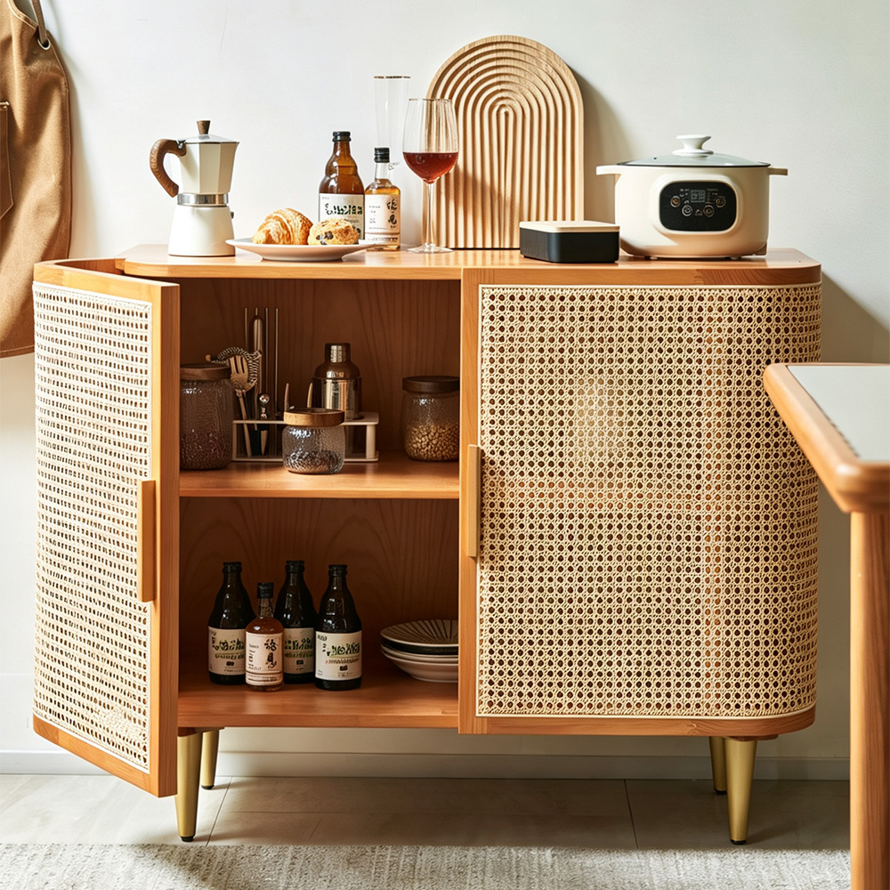 39.4" Rattan Doors Ash Wood Accent Sideboard Cabinet