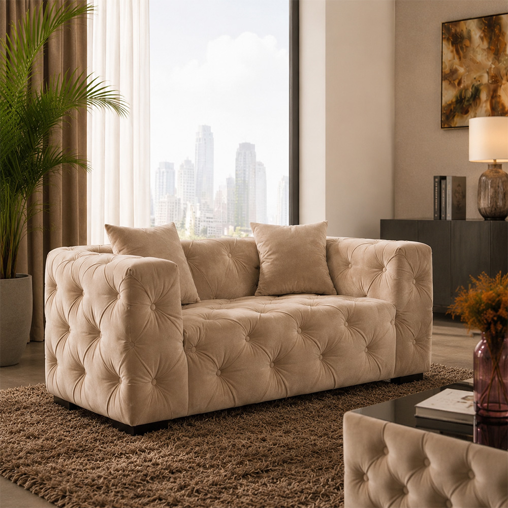 All Tufted Boxy Velvet Sofa Suite Three Seat Couch Two Single Chairs For Living Space