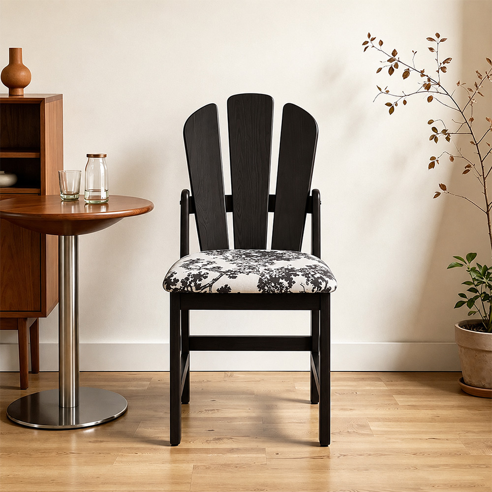 Three Slat Curved Back Solid Wood Printed Fabric Dining Chair 1 Piece