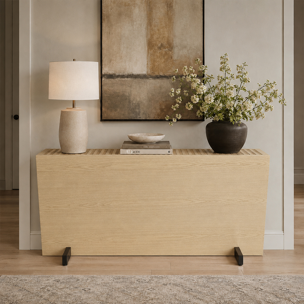 Ash Wood Veneer Trapezoid Shape Console Table