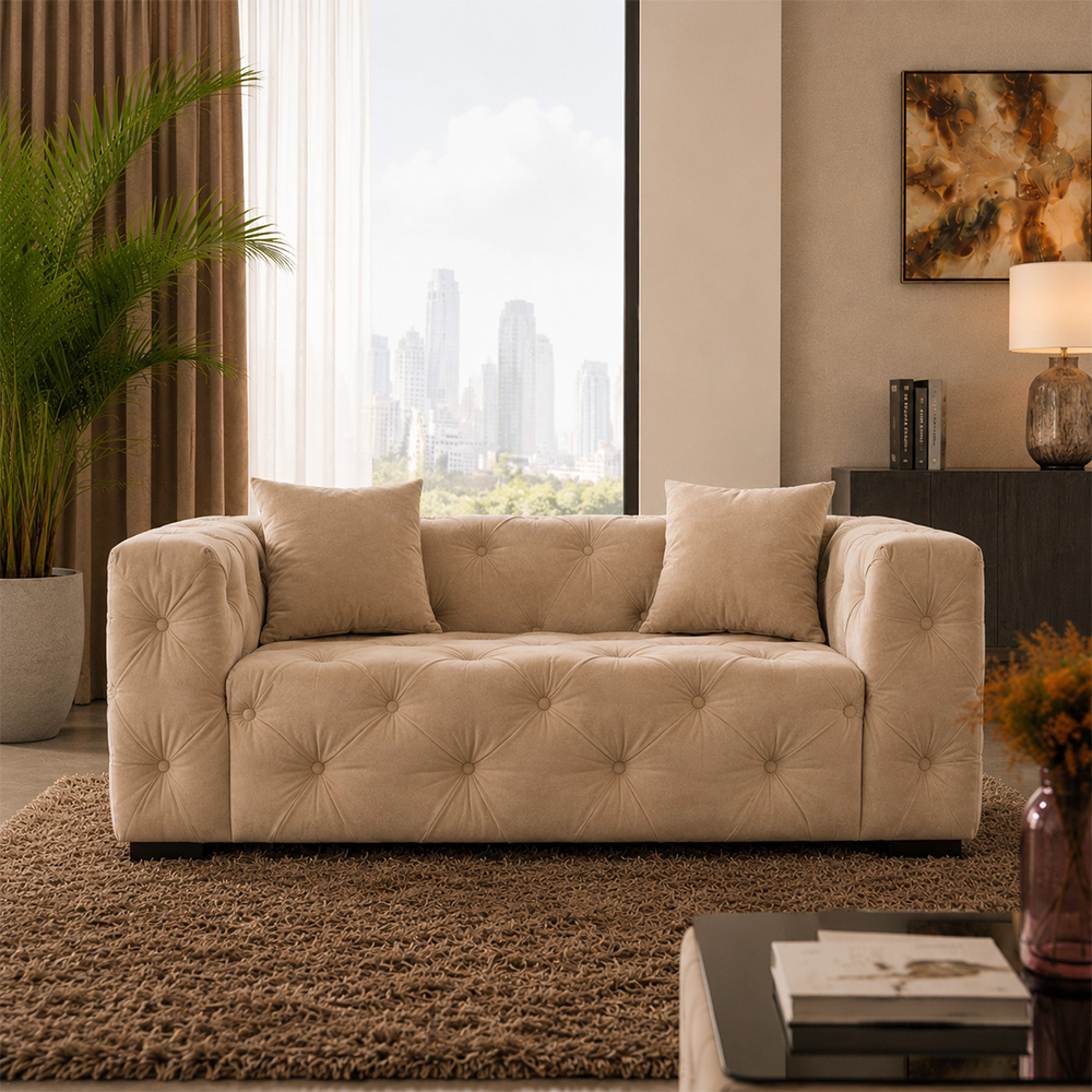 All Tufted Boxy Velvet Sofa Suite Three Seat Couch Two Single Chairs For Living Space