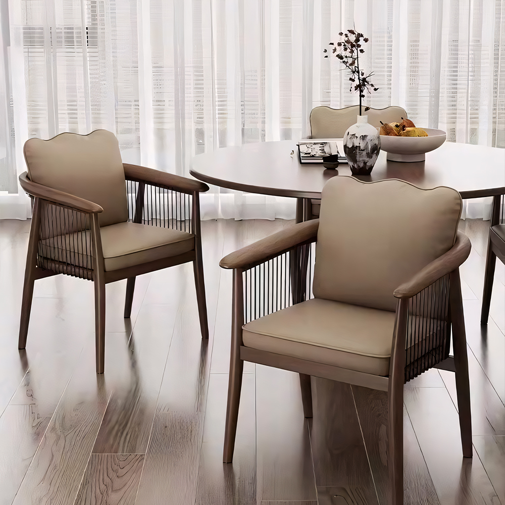 Modern Black Wooden Dining Chair with Armrests Minimalist Striped Upholstered Dining Armchair 1 Piece