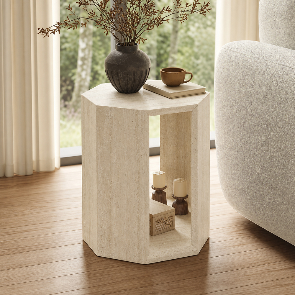 Raw Mineral Grain Natural Travertine Hollow End Side Table