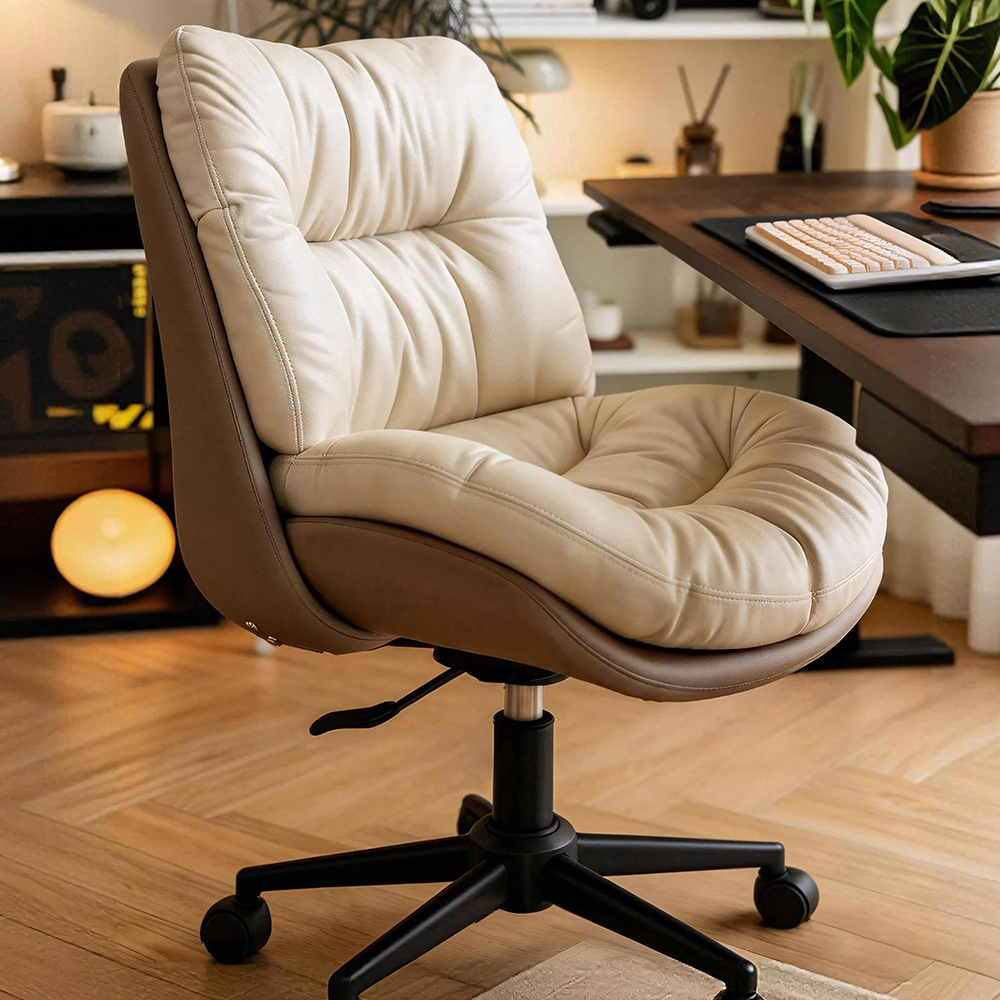 Modern Cream & Brown Tufted Swivel Office Chair with Rolling Base