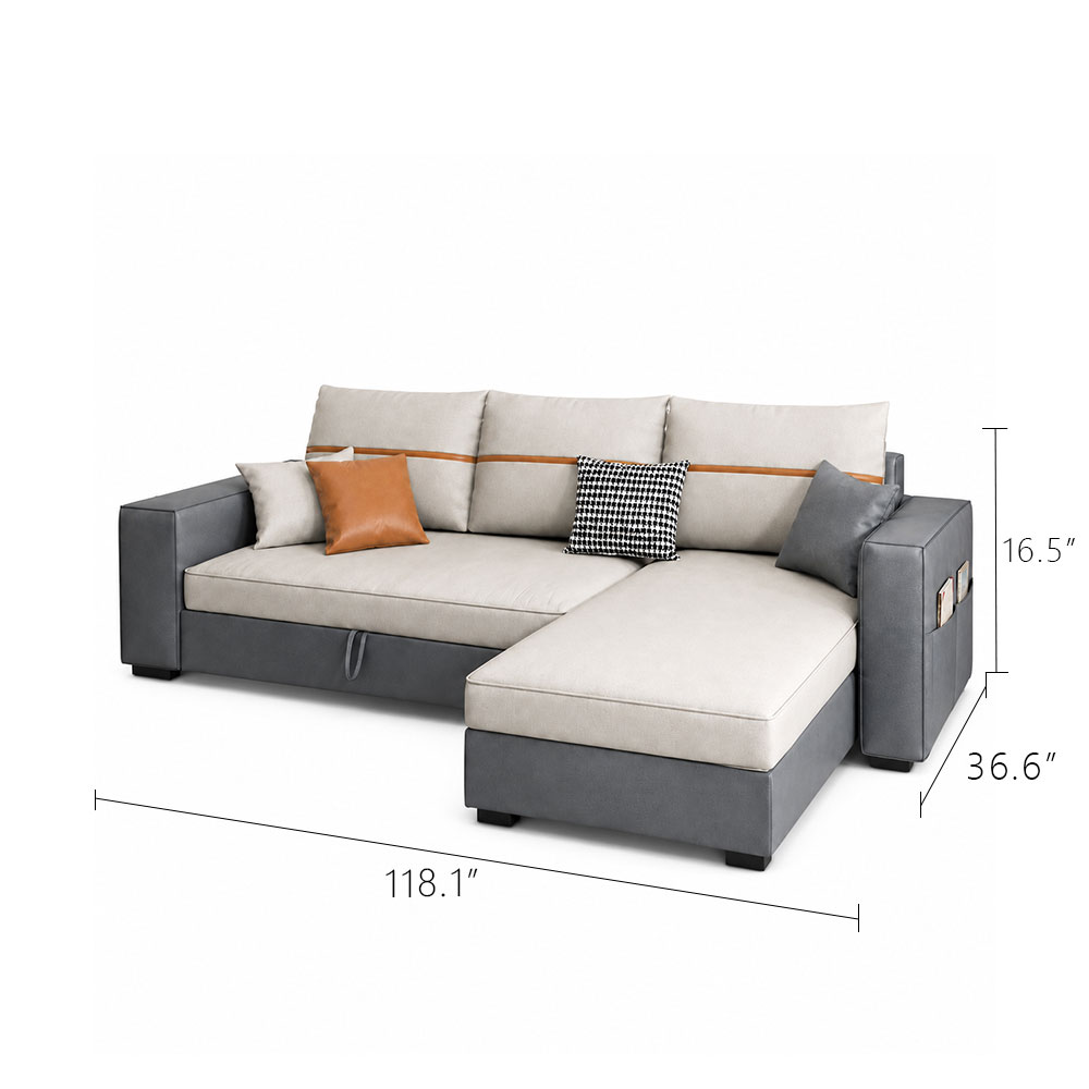 L Shaped Linen Cushion Microfiber Leather Pull Out Storage Sectional Sofa Bed