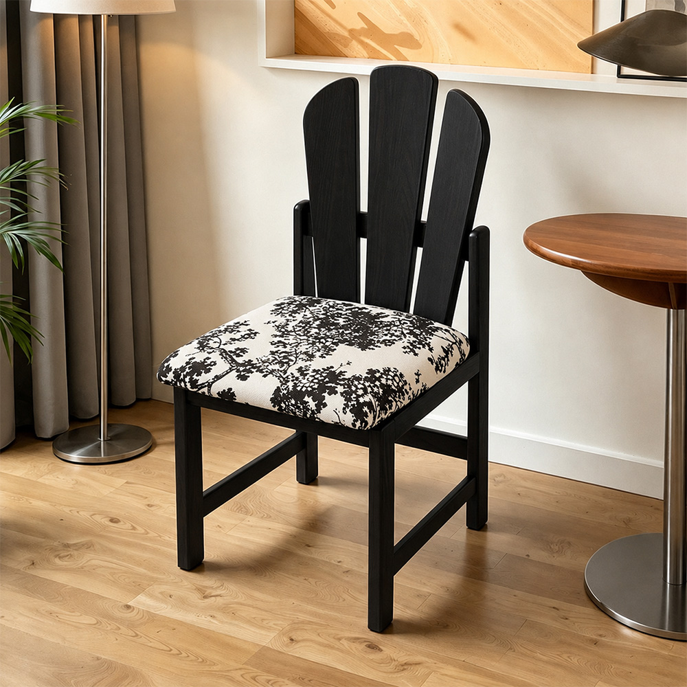 Three Slat Curved Back Solid Wood Printed Fabric Dining Chair 1 Piece