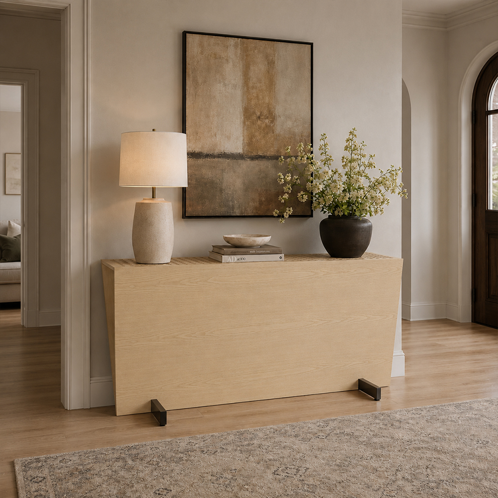 Ash Wood Veneer Trapezoid Shape Console Table
