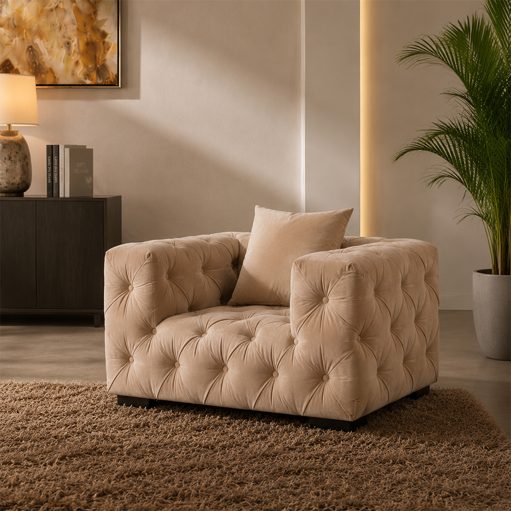 All Tufted Boxy Velvet Sofa Suite Three Seat Couch Two Single Chairs For Living Space
