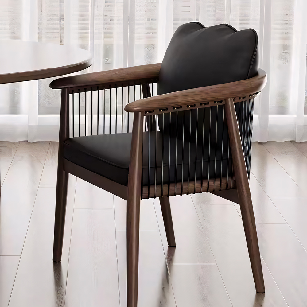 Modern Black Wooden Dining Chair with Armrests Minimalist Striped Upholstered Dining Armchair 1 Piece