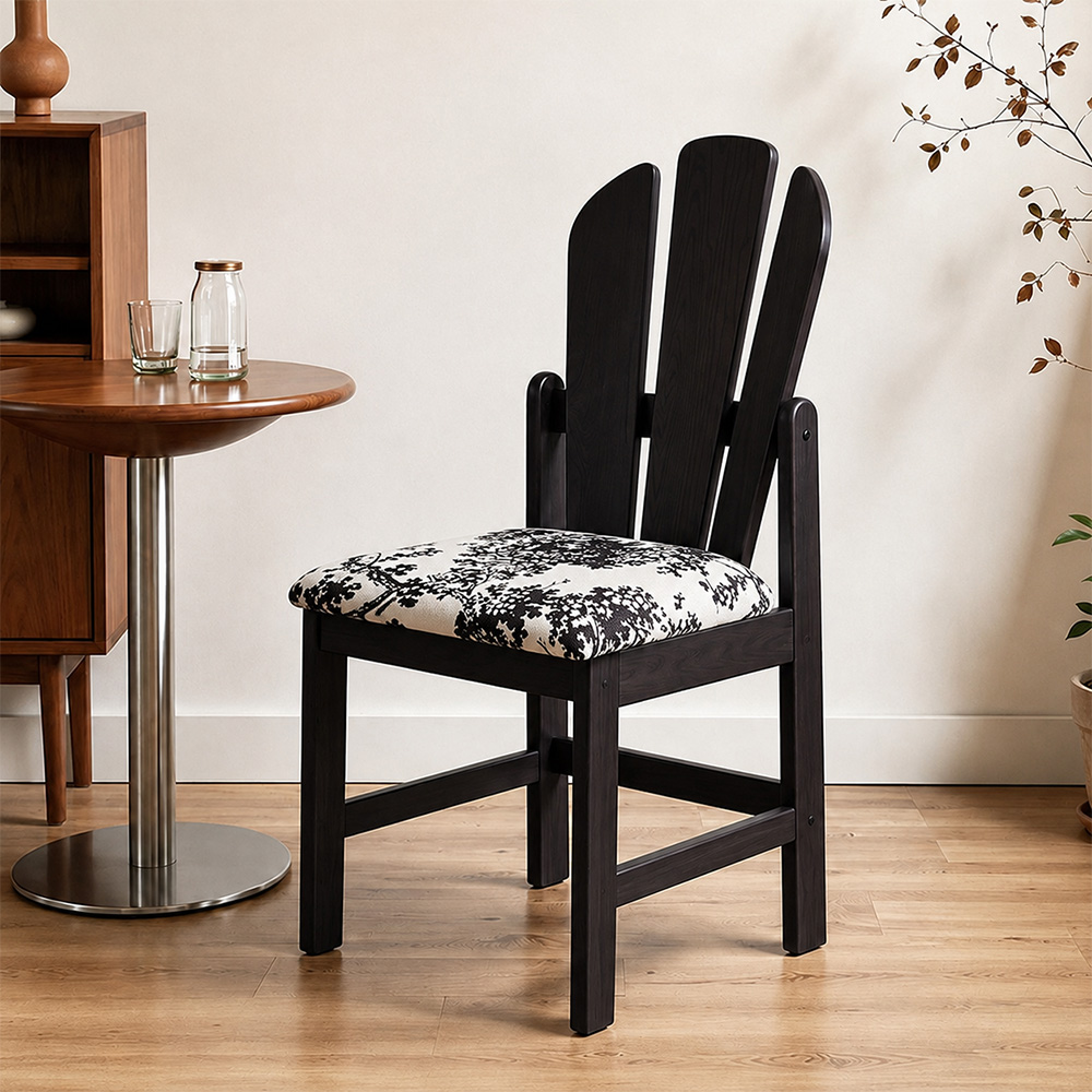 Three Slat Curved Back Solid Wood Printed Fabric Dining Chair 1 Piece
