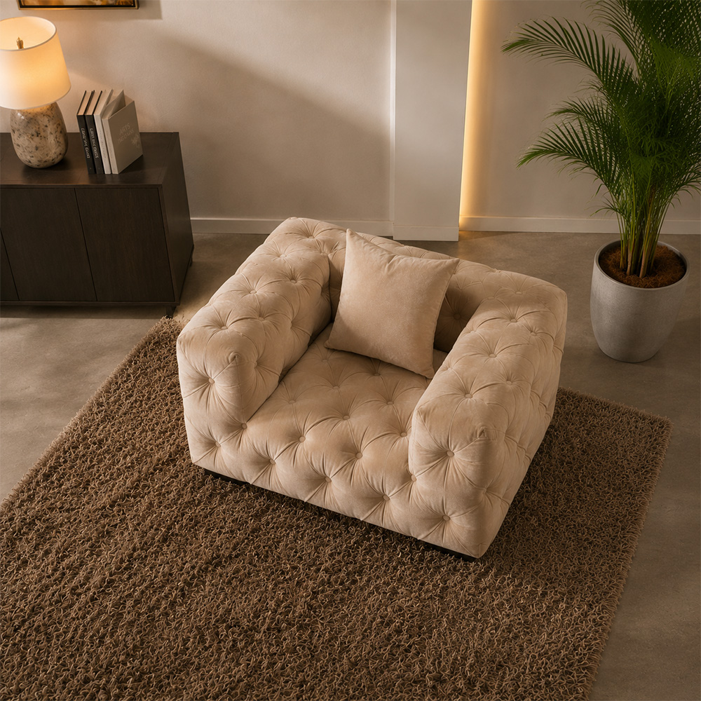 All Tufted Boxy Velvet Sofa Suite Three Seat Couch Two Single Chairs For Living Space