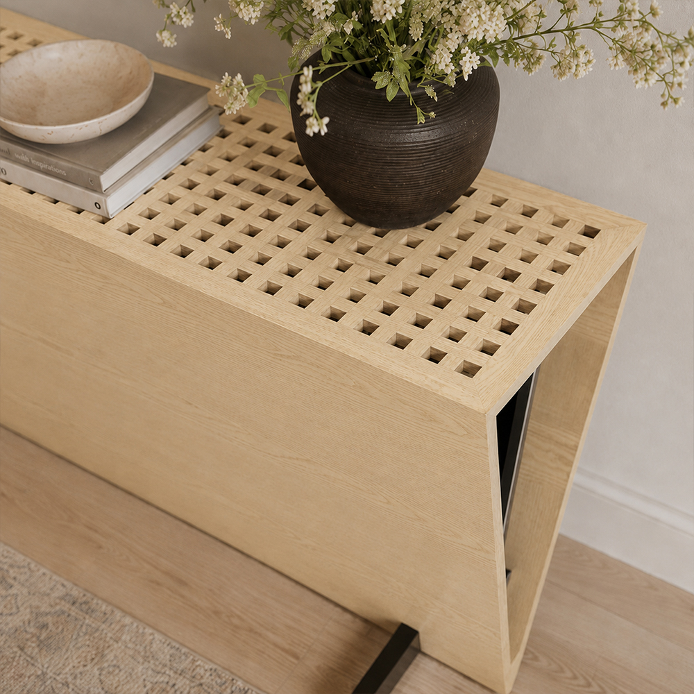 Ash Wood Veneer Trapezoid Shape Console Table