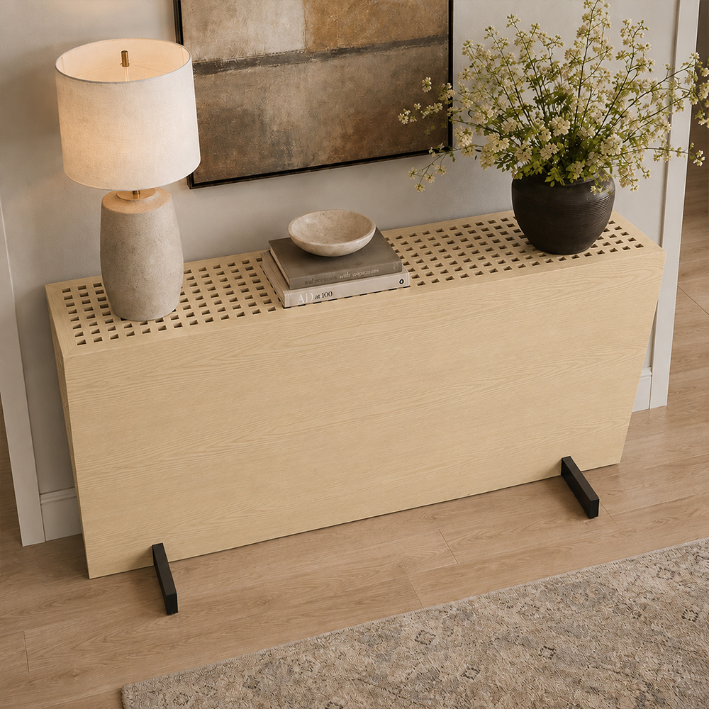 Ash Wood Veneer Trapezoid Shape Console Table
