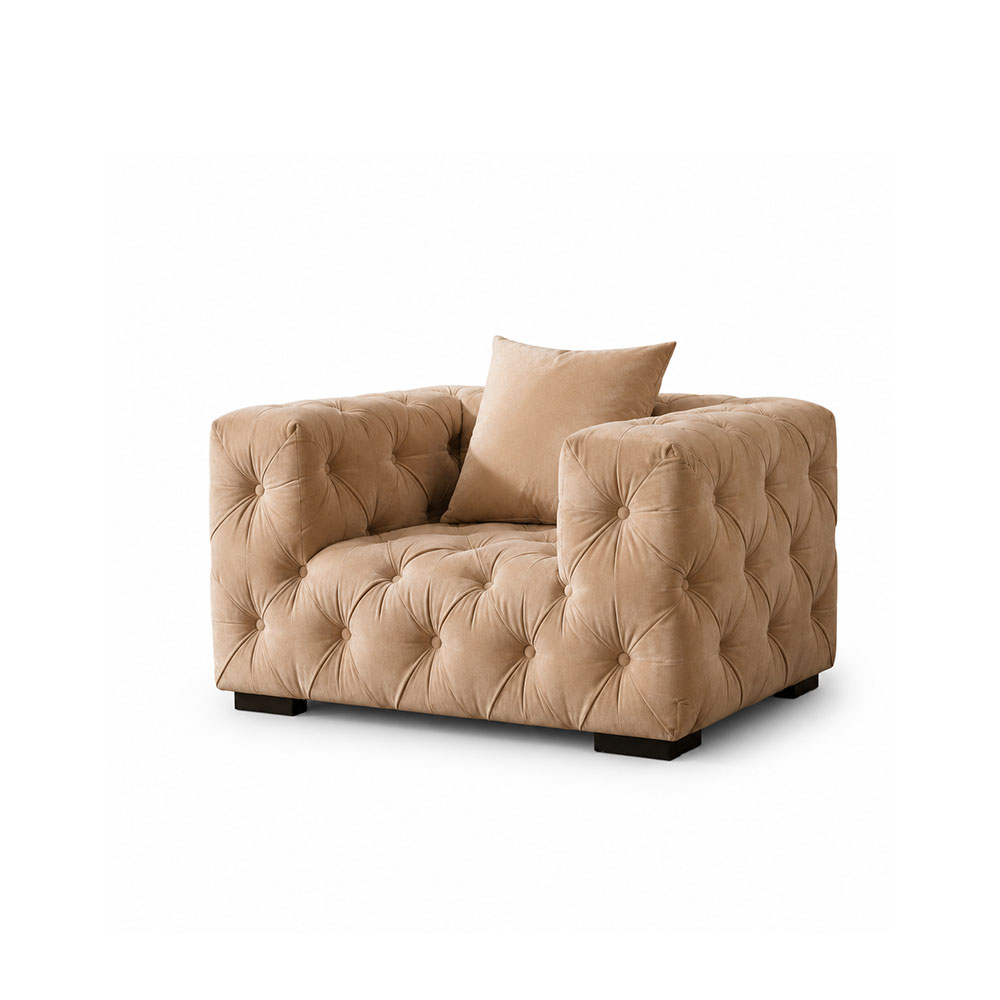 All Tufted Boxy Velvet Sofa Suite Three Seat Couch Two Single Chairs For Living Space
