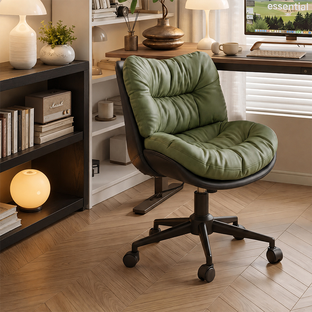 Modern Cream & Brown Tufted Swivel Office Chair with Rolling Base