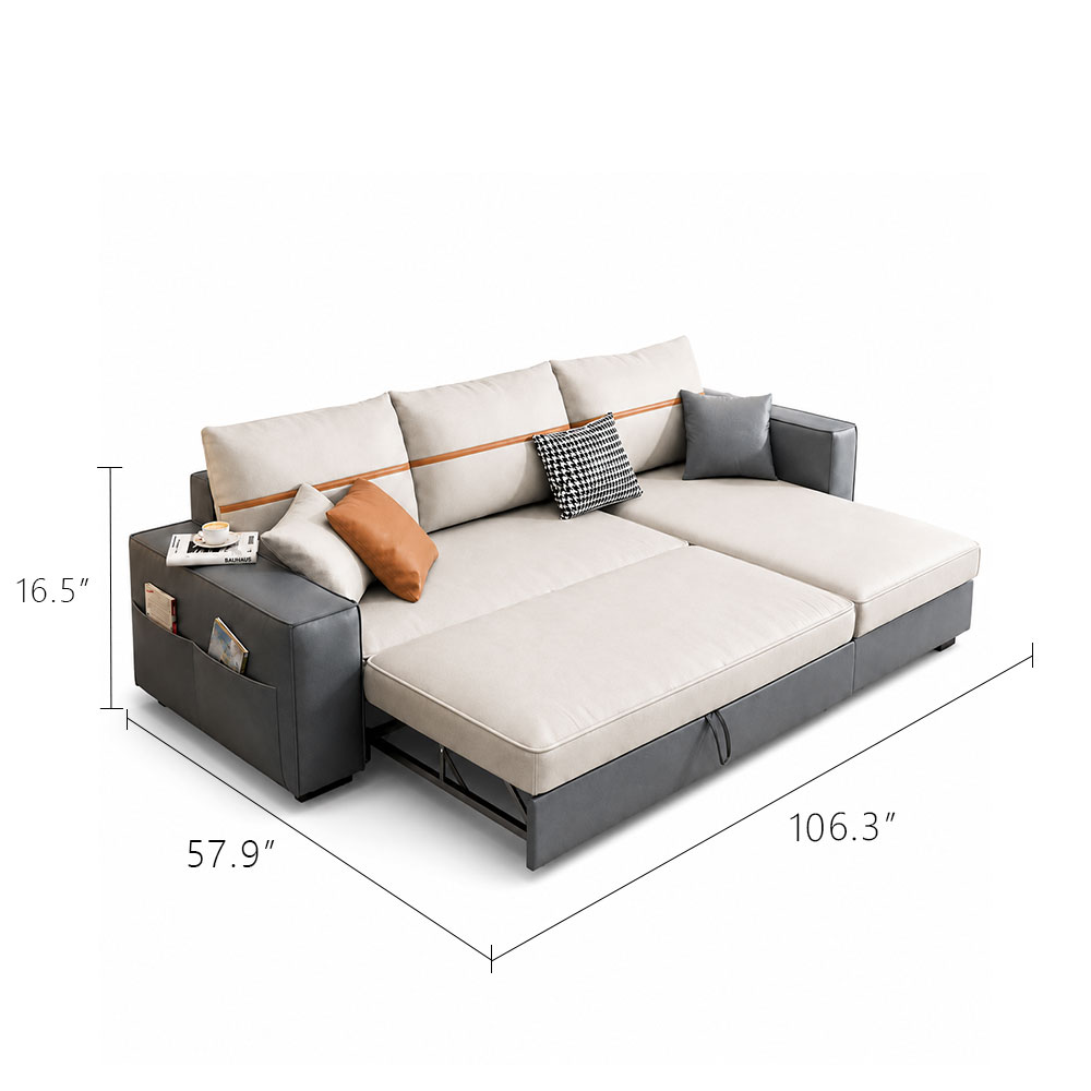 L Shaped Linen Cushion Microfiber Leather Pull Out Storage Sectional Sofa Bed