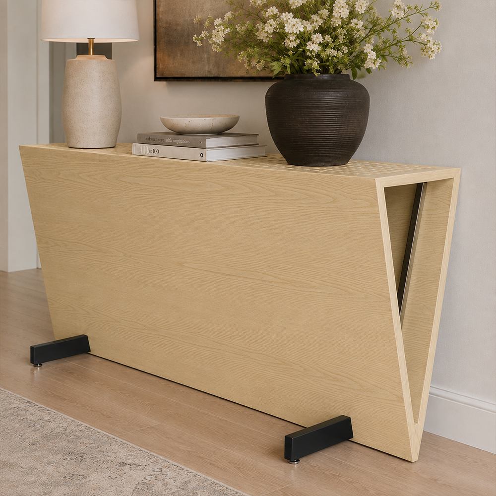 Ash Wood Veneer Trapezoid Shape Console Table