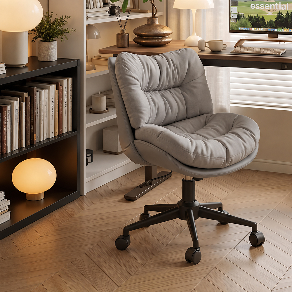 Modern Cream & Brown Tufted Swivel Office Chair with Rolling Base