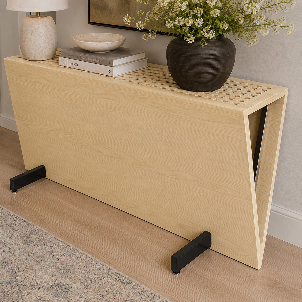 Ash Wood Veneer Trapezoid Shape Console Table