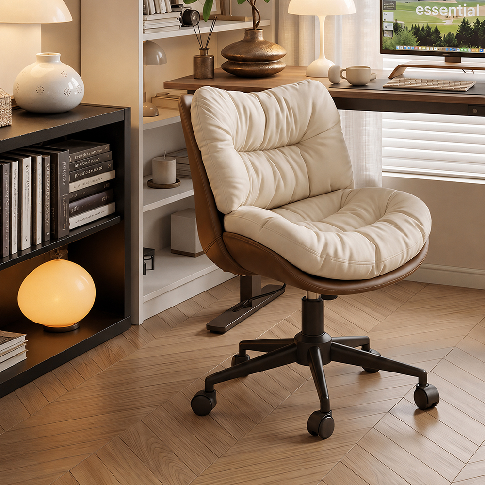 Modern Cream & Brown Tufted Swivel Office Chair with Rolling Base