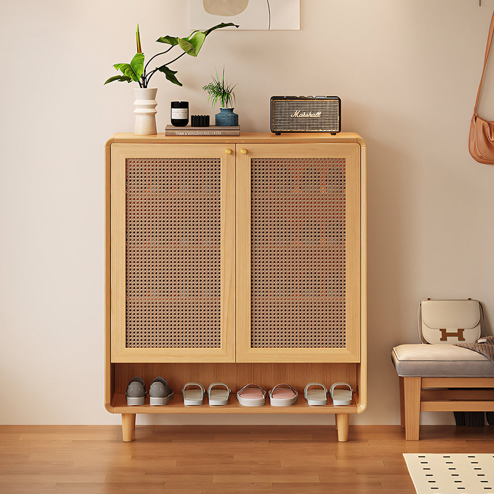 Mid-Century Rattan Shoe Cabinet with 2 Doors Walnut Wood Entryway Storage Organizer with Open Shelf