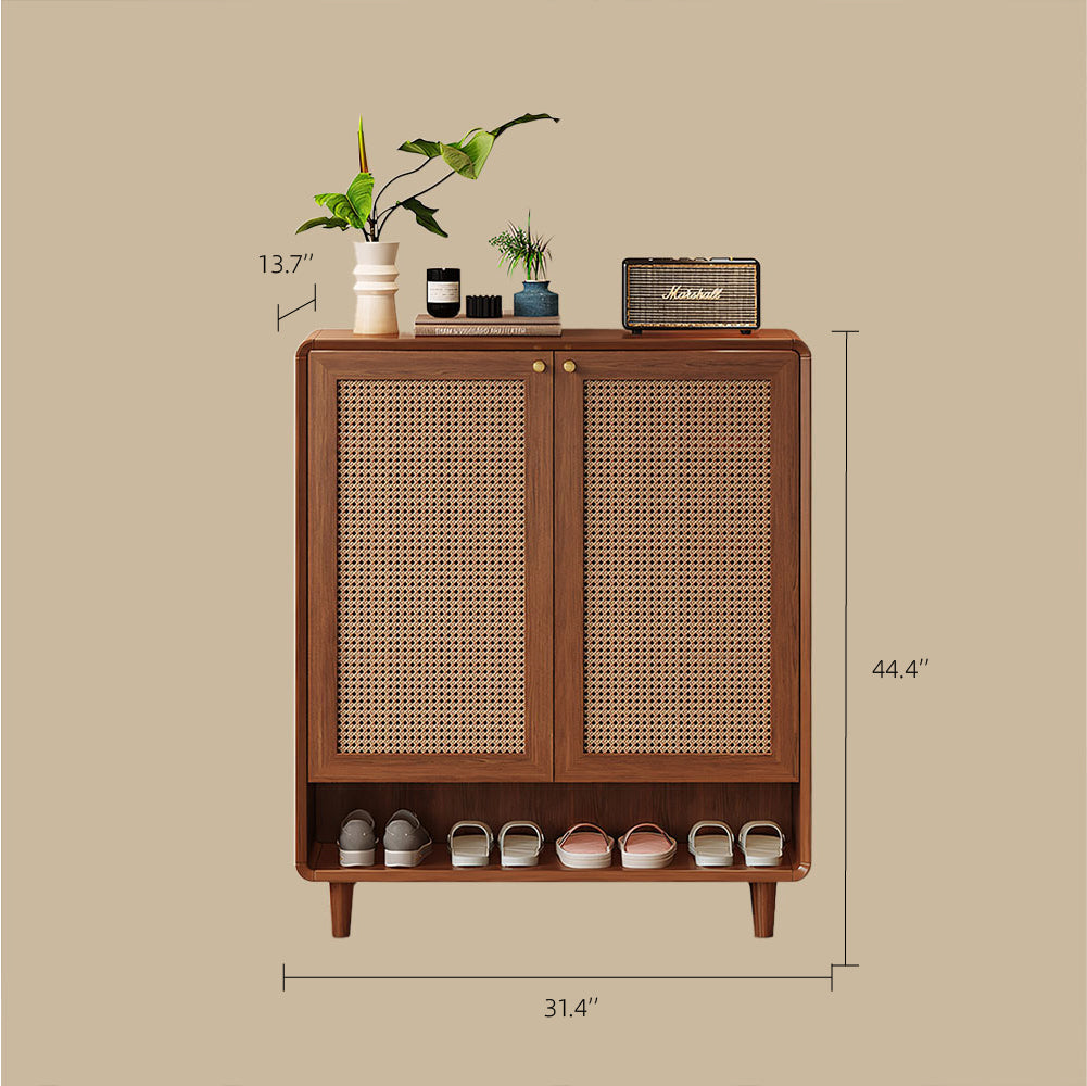 Mid-Century Rattan Shoe Cabinet with 2 Doors Walnut Wood Entryway Storage Organizer with Open Shelf