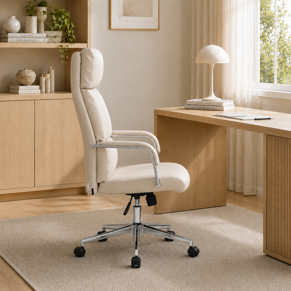 Modern Cream PU Leather Swivel Office Chair with Chrome Base