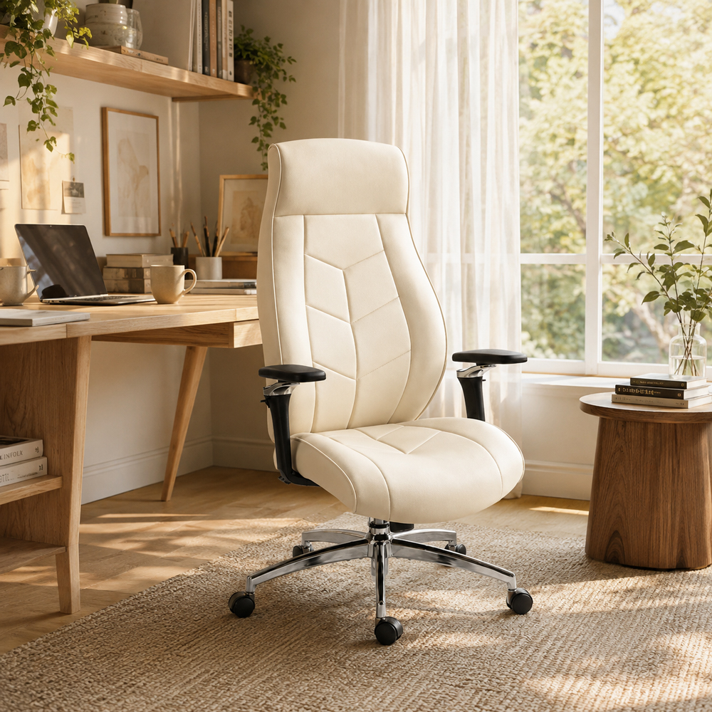 Cream PU Leather Executive Office Chair With 6D Armrests