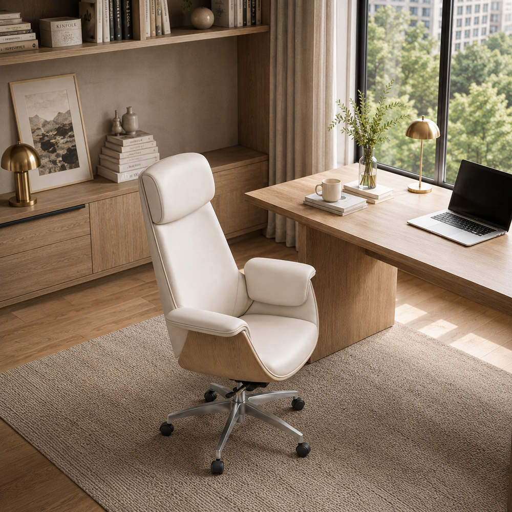 Cream PU Leather Executive Office Chair with Aluminum Base