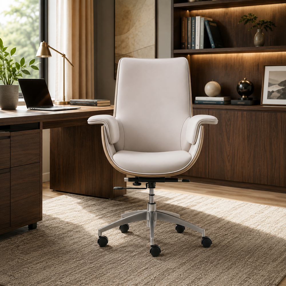 Cream PU Leather Office Chair with Dual-Function Tilt Mechanism