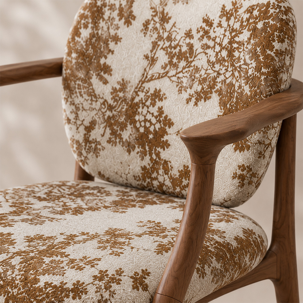 Tree Print Fabric Curved Solid Walnut Arm Mid Century Dining Chair 1 Piece