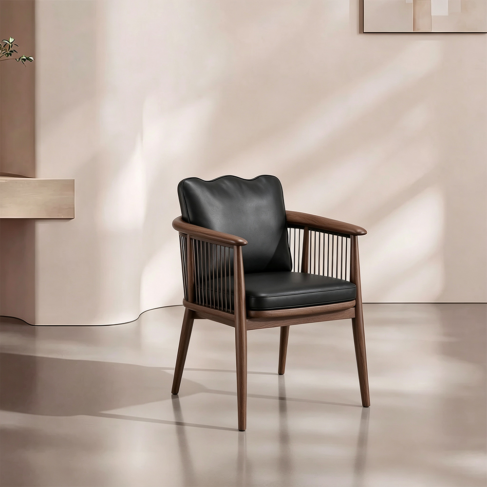 Modern Black Wooden Dining Chair with Armrests Minimalist Striped Upholstered Dining Armchair 1 Piece