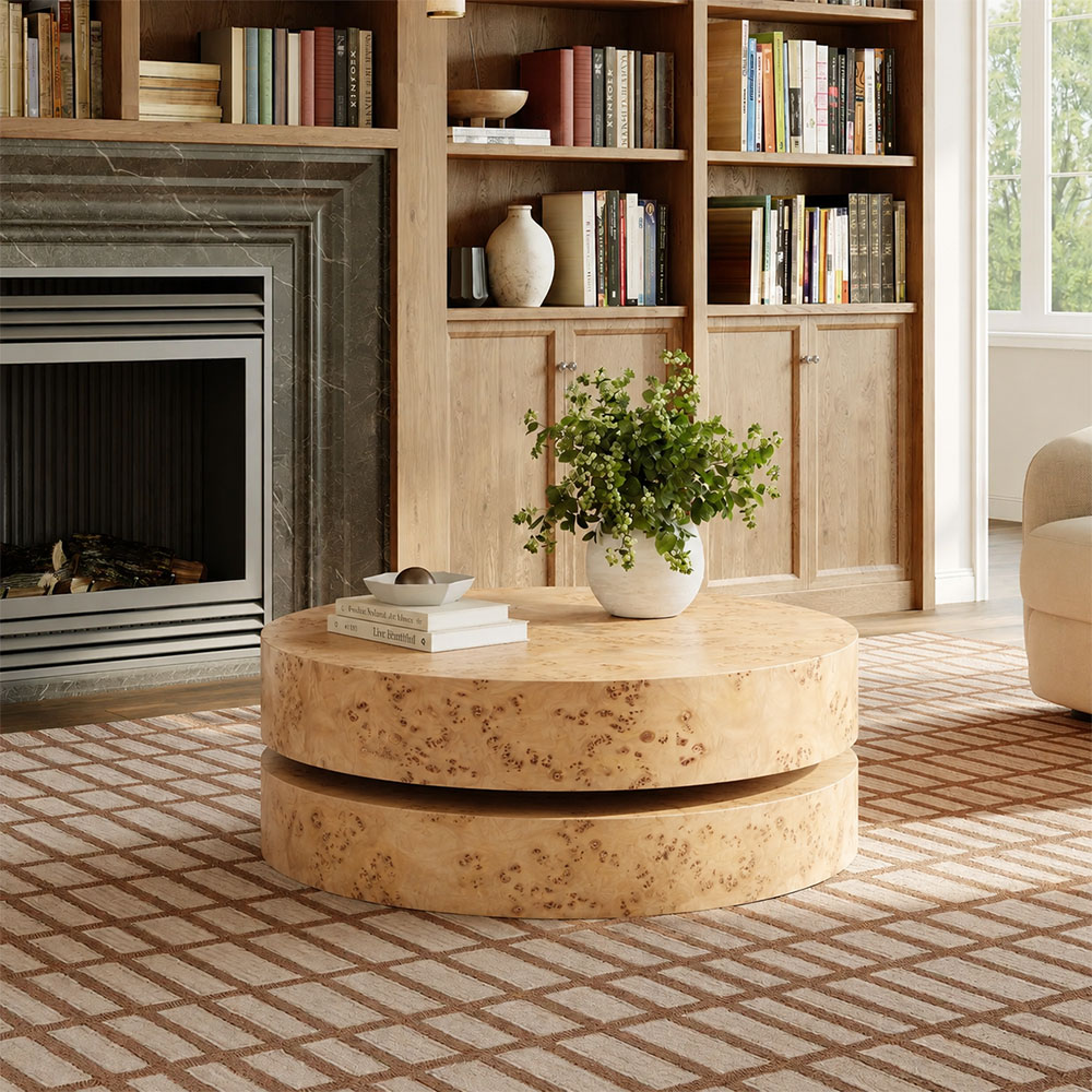 Two Tier Round Natural Burl Wood Veneer Multi Layer Coffee Table