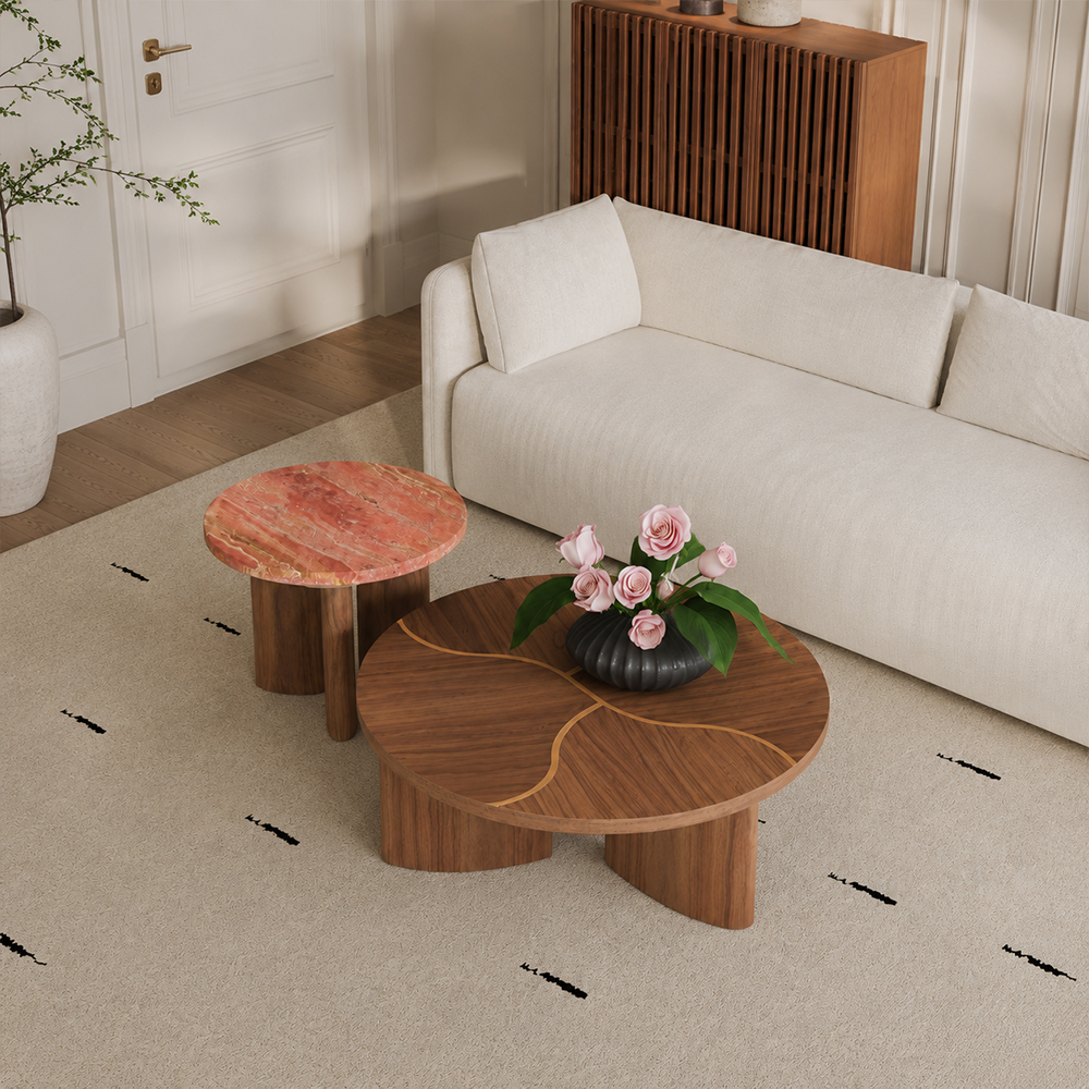 Nesting Round Coffee Table Set Walnut Veneer Red with Travertine Side Table