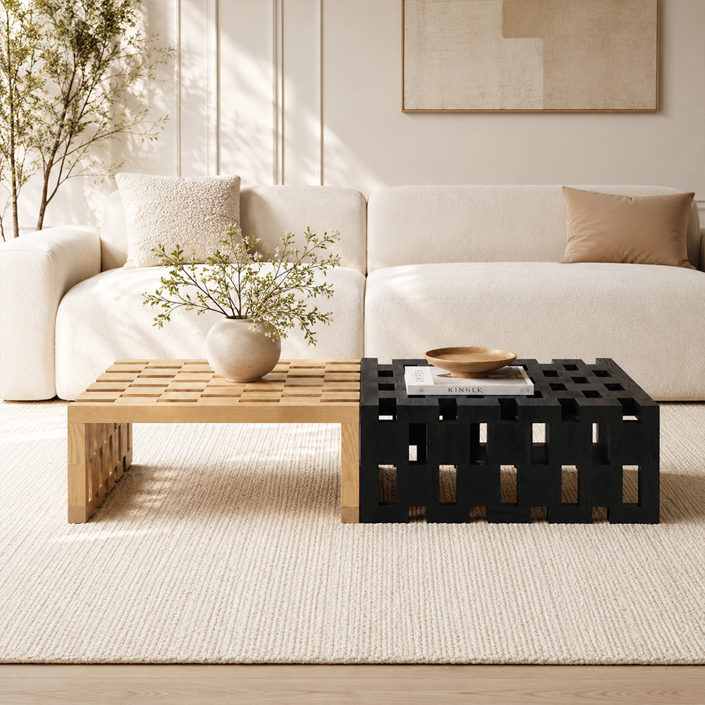 Two Tone Matte Paint Solid Ash Wood Grid Hollow Rectangular Coffee Table