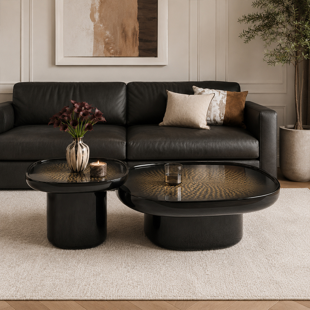 Contemporary Light Luxury Black Gloss Resin Nesting Oval Center Tables Set