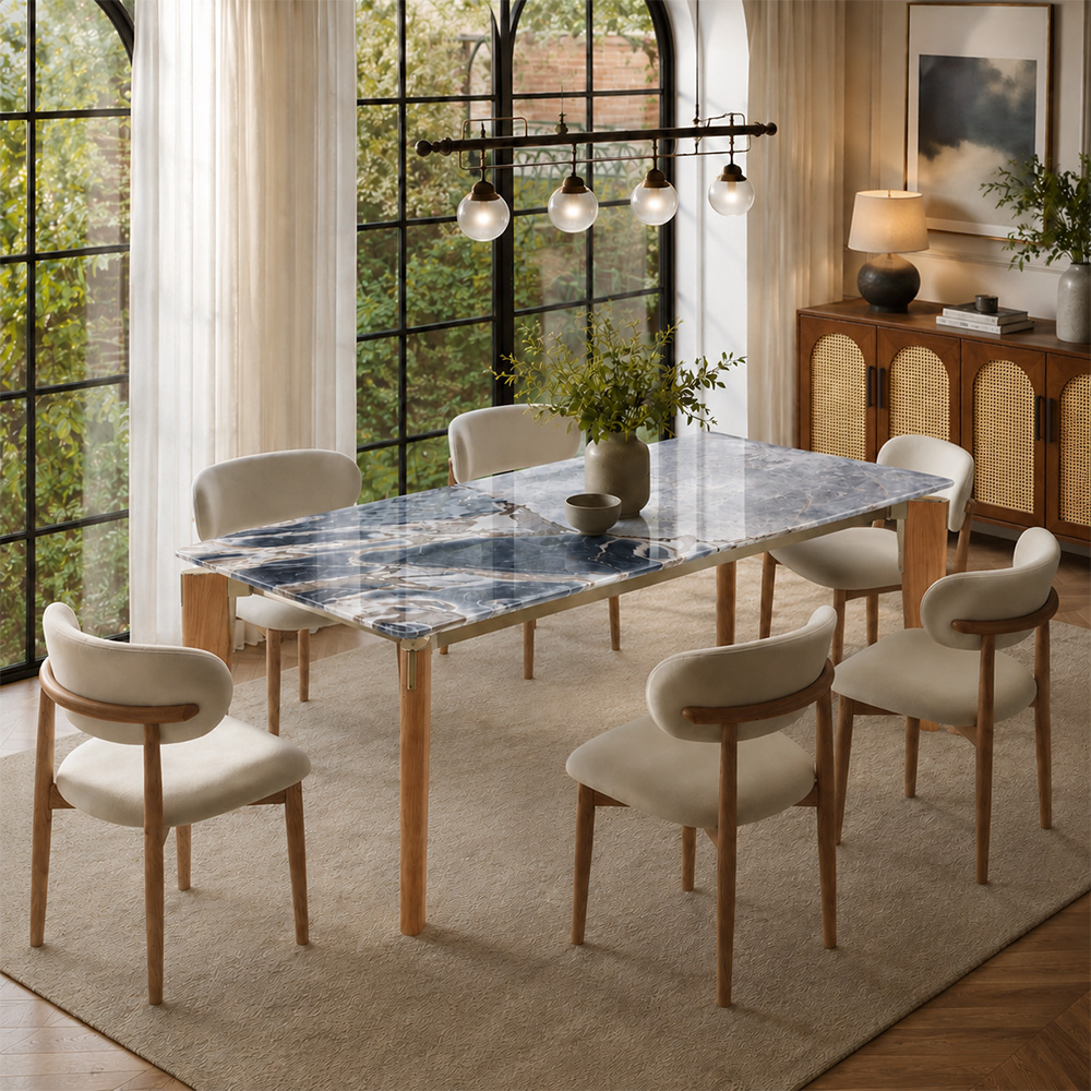 70.9" Coastal Rectangular Ocean Storm Marble Dining Table Solid Ash Wood Tapered Legs