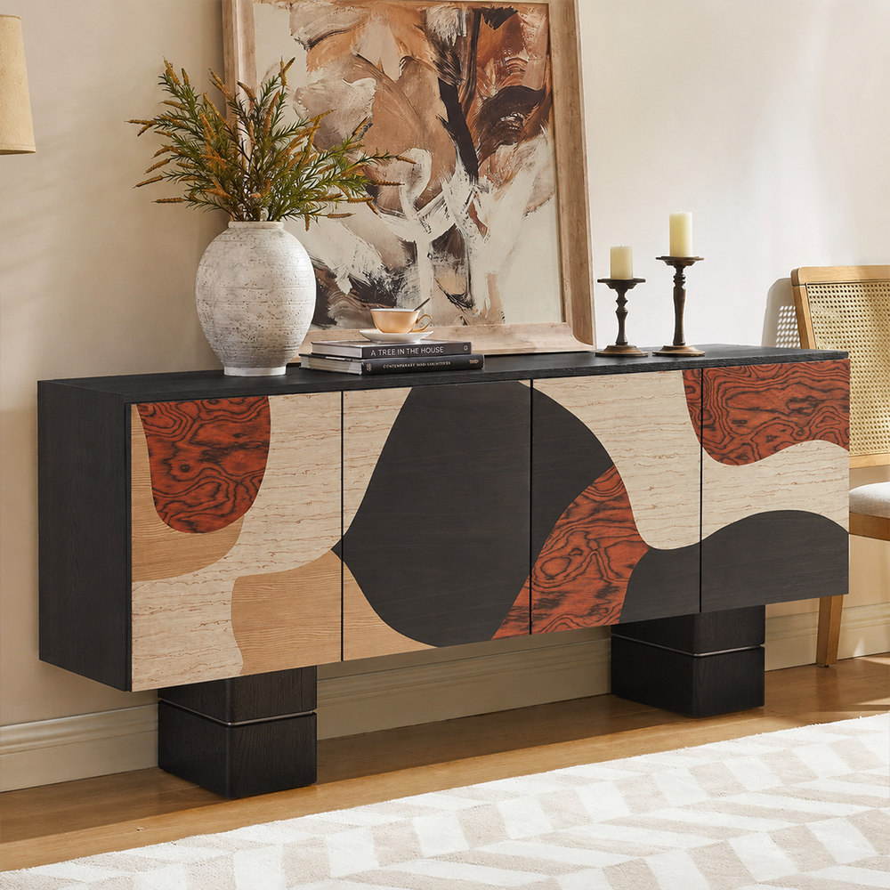 Large Capacity Four Door Abstract Inlay Elm Wood Storage Cabinet
