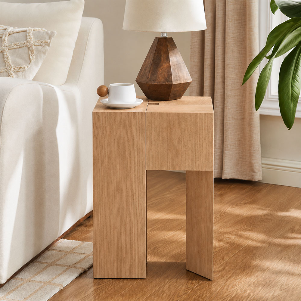 Geometric Split Block White Oak Veneer Multi Layer Wood Side Table