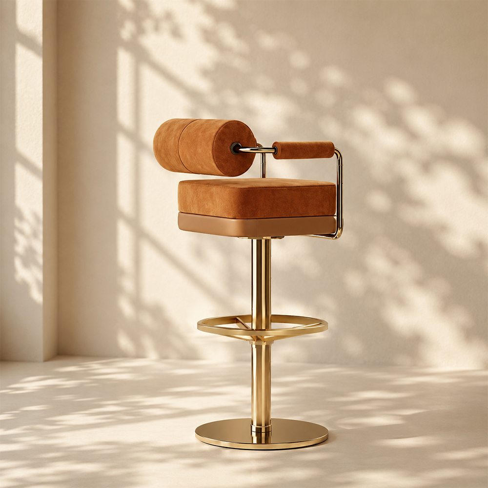 Modern Luxury Swivel Bar Stool with Cylindrical Backrest Gold Metal Frame Counter Chair 1 Piece