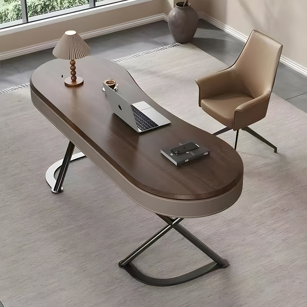 Curved Leather Trim Edge Solid Wood Stainless Steel Office Desk