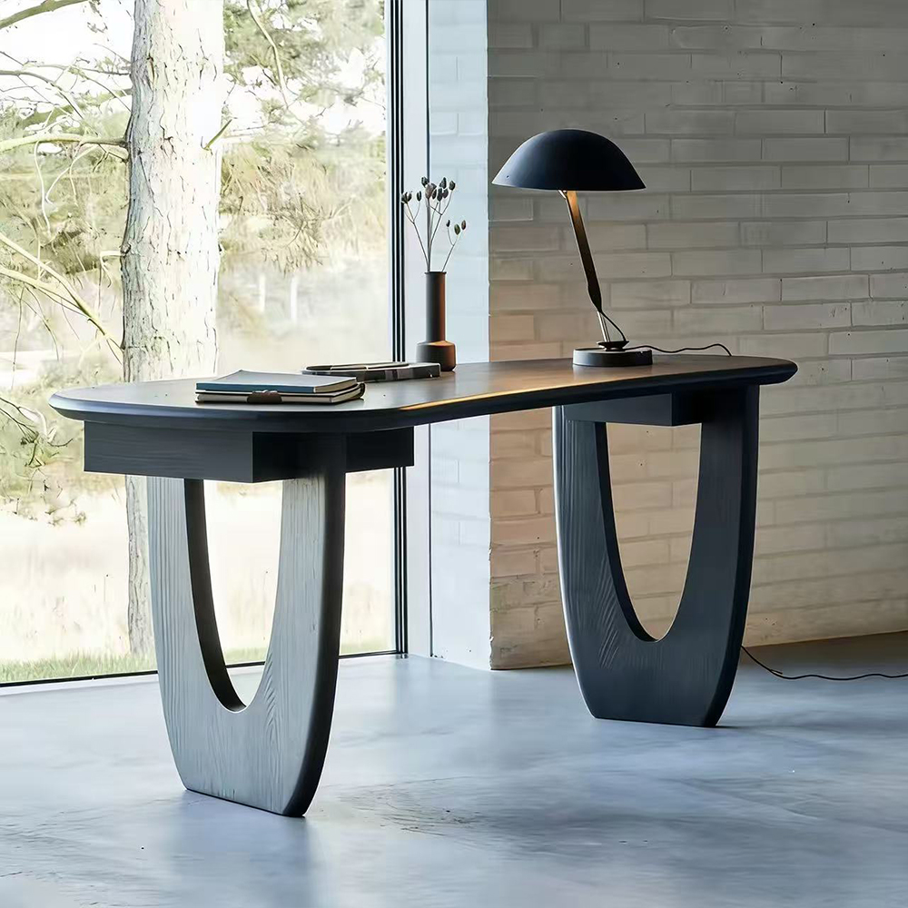 Sculptural U Hollow Leg Natural Grain Solid Wood Curved Writing Desk
