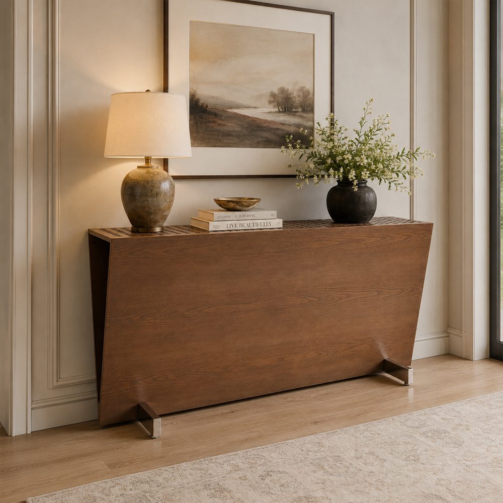 Ash Wood Veneer Trapezoid Shape Console Table