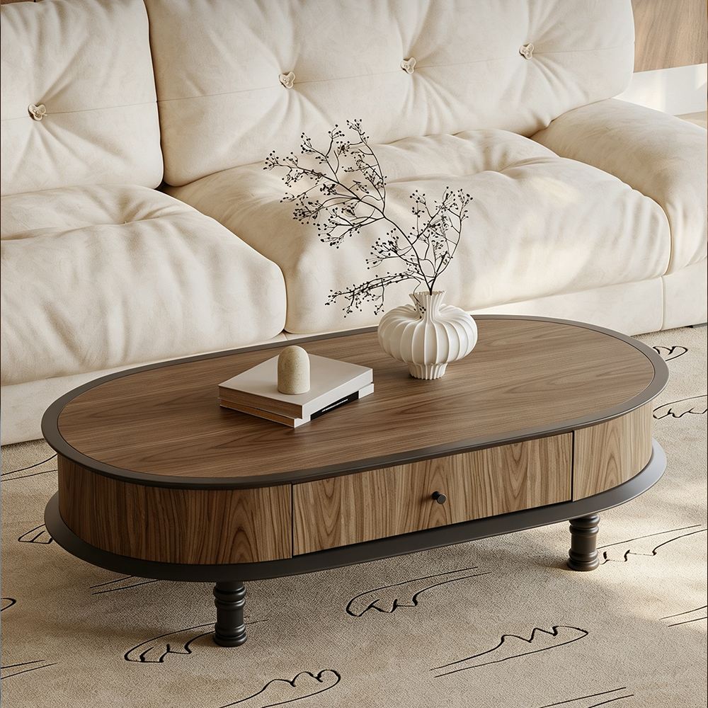 Oval Walnut Veneer Single Drawer Turned Black Leg Coffee Table