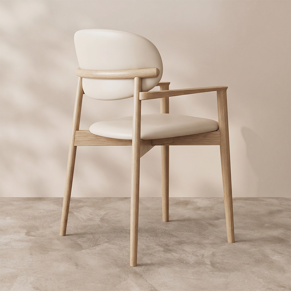 Natural Oak Frame Linen Faux Leather Armrest Nordic Dining Chair 1 Piece