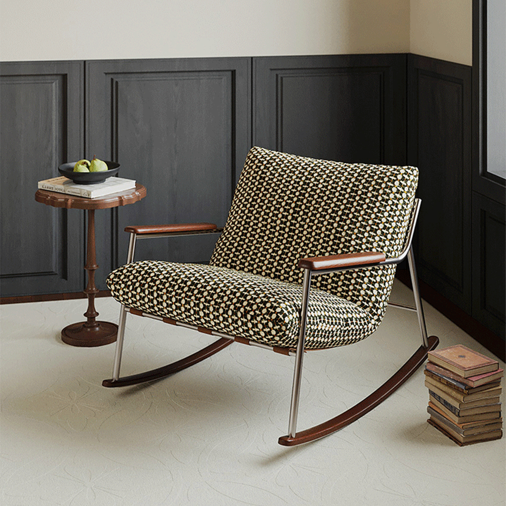 Geometric Woven Fabric Stainless Steel Wood Arm Rocking Accent Chair
