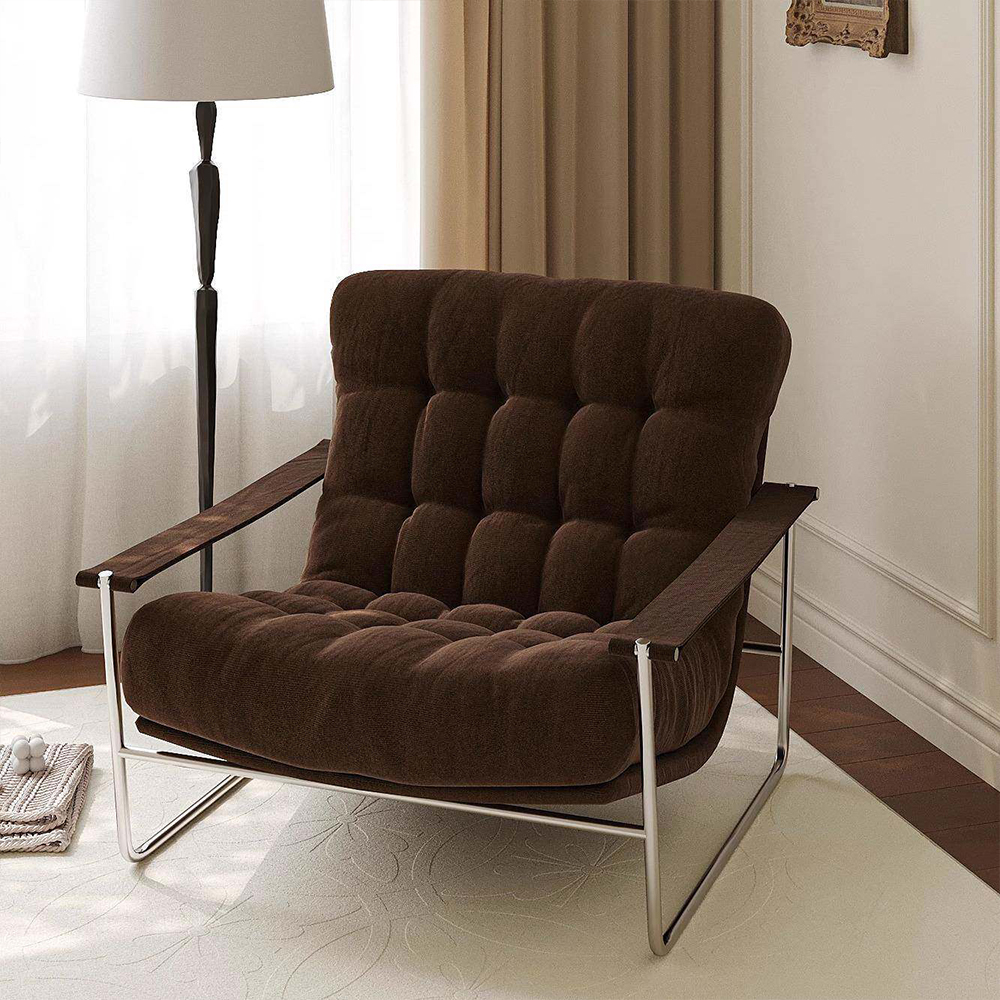 Thick Brown Corduroy Grid Tufted Chrome Cantilever Lounge Chair