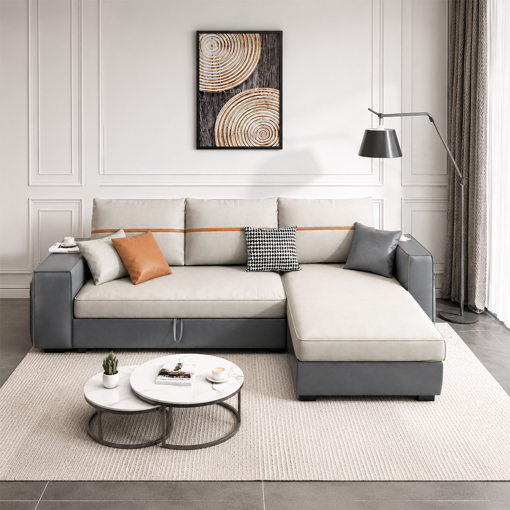 L Shaped Linen Cushion Microfiber Leather Pull Out Storage Sectional Sofa Bed